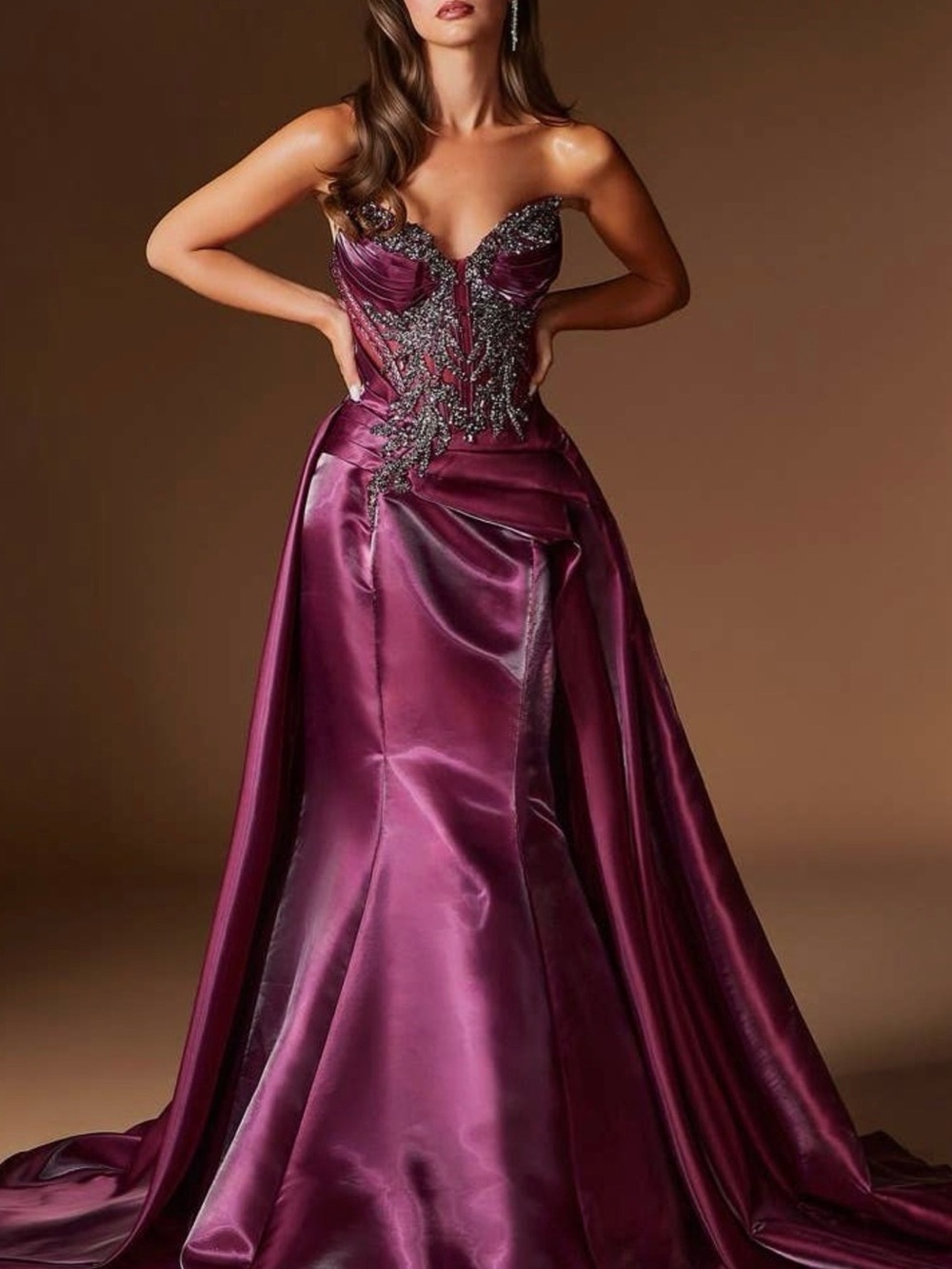Strapless Plum Satin Evening Gown with Embellished Bodice New with Tags